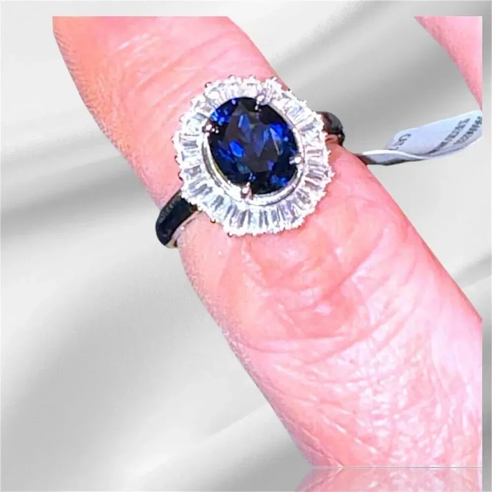 Sterling Silver Oval Created Sapphire Halo Ring Classic Elegant Style Size 7.5 Blue - Image 8