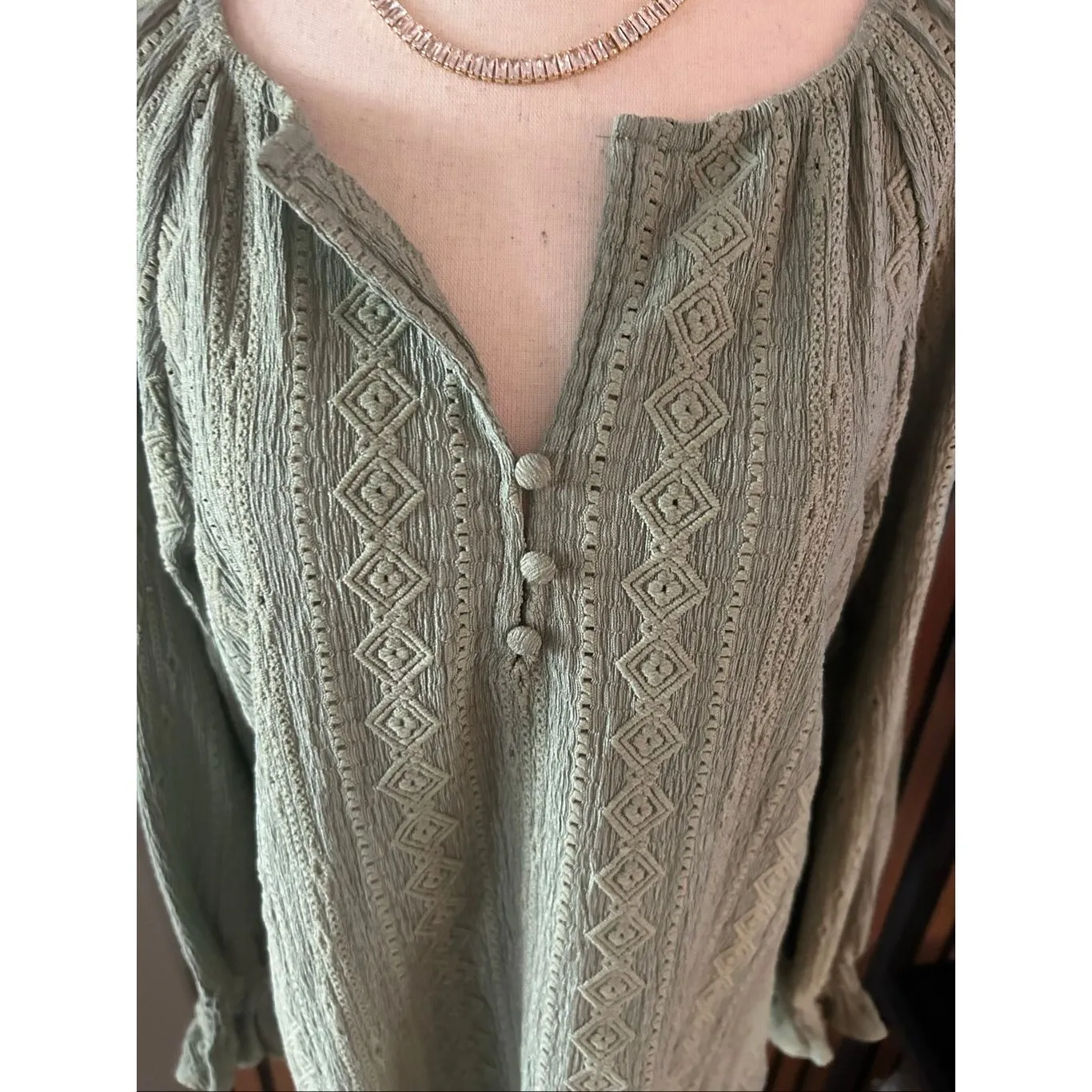 Frye Shirt Womens sz S Green Textured Peasant Boho Festival Blouse - Image 2