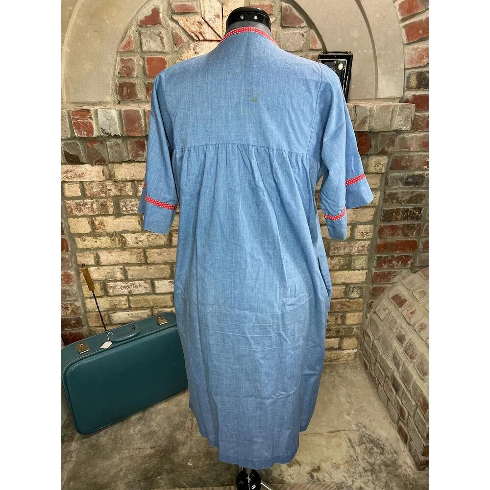 house dress duster Applique flower zip front blue red green rose cottagecore Size L - Image 7