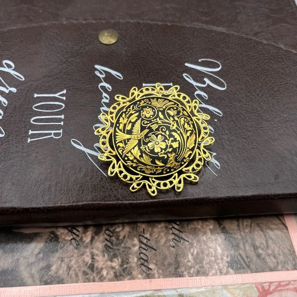 Vintage Spanish Damascene Filigree Bird & Flower Brooch Black Gold Pin - Image 5