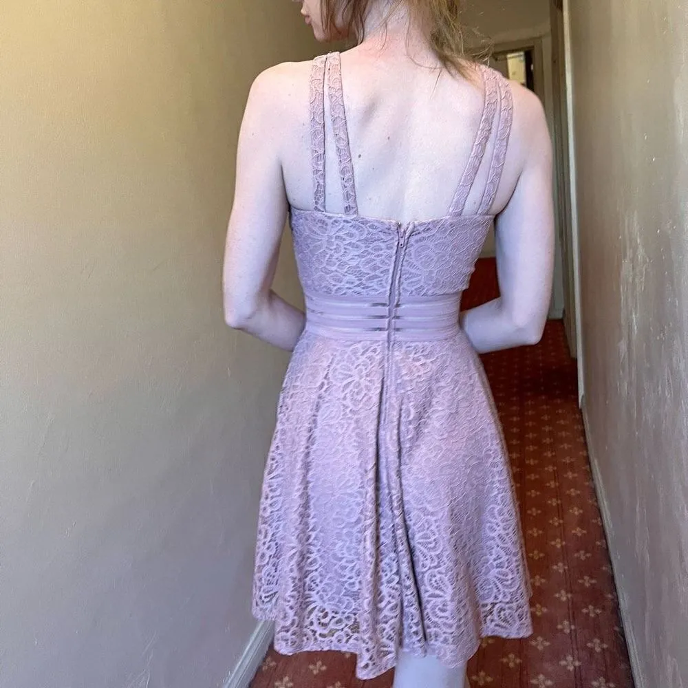 City Studios Lace Illusion Fit & Flare Dress High Neck Mini Blush 3 XS $55 - Image 6