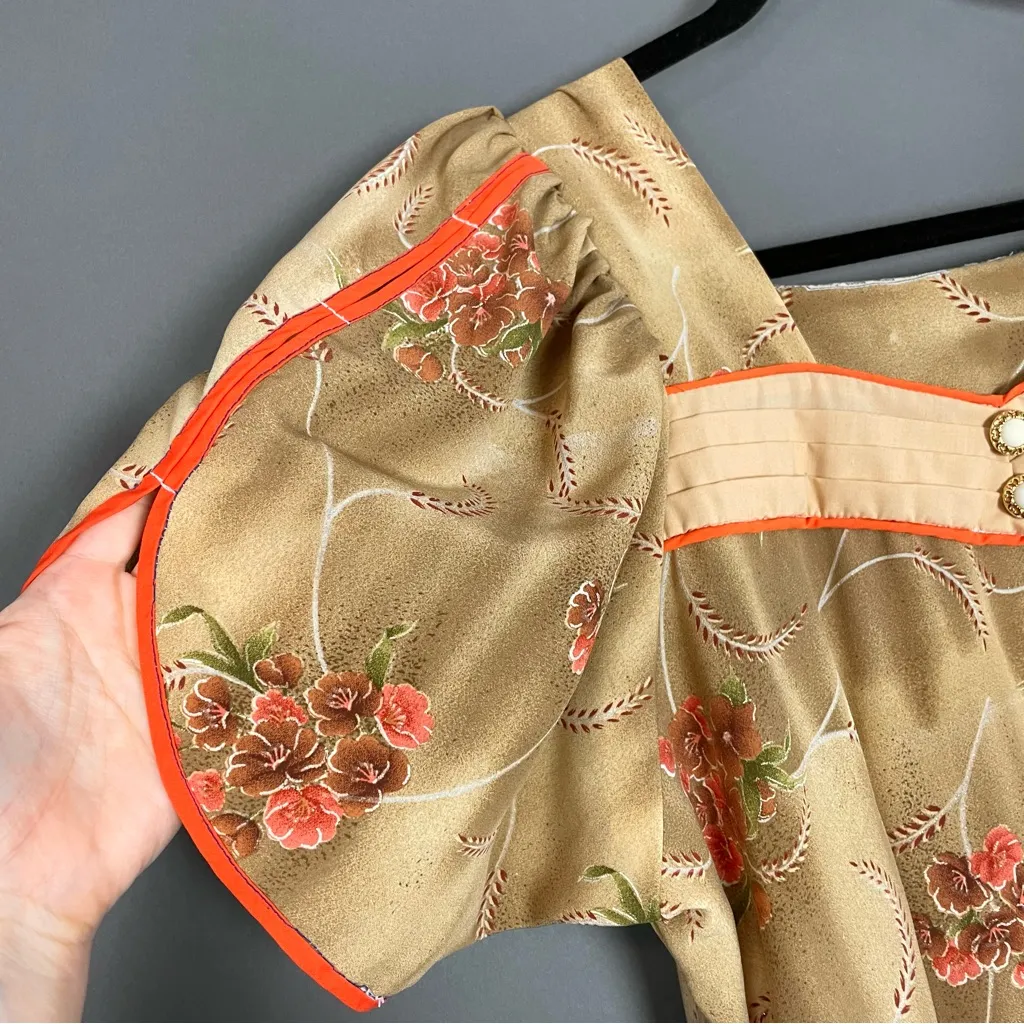 Handmade Muumuu Dress Women‎ Puffed Open Sleeve Brown Sparkle Floral Print Midi Size L - Image 4