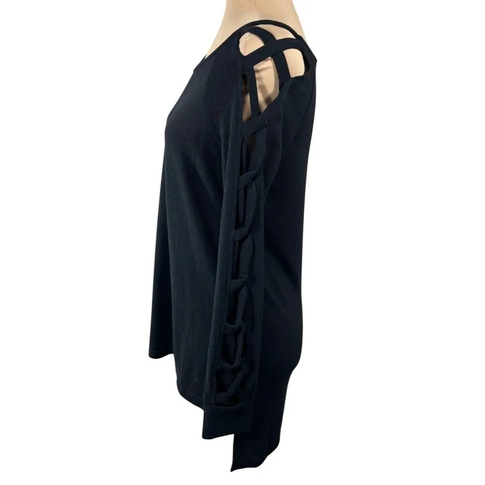 She + Sky Sweater Open Lattice Sleeve Black Tunic S Small Stretch - Image 2