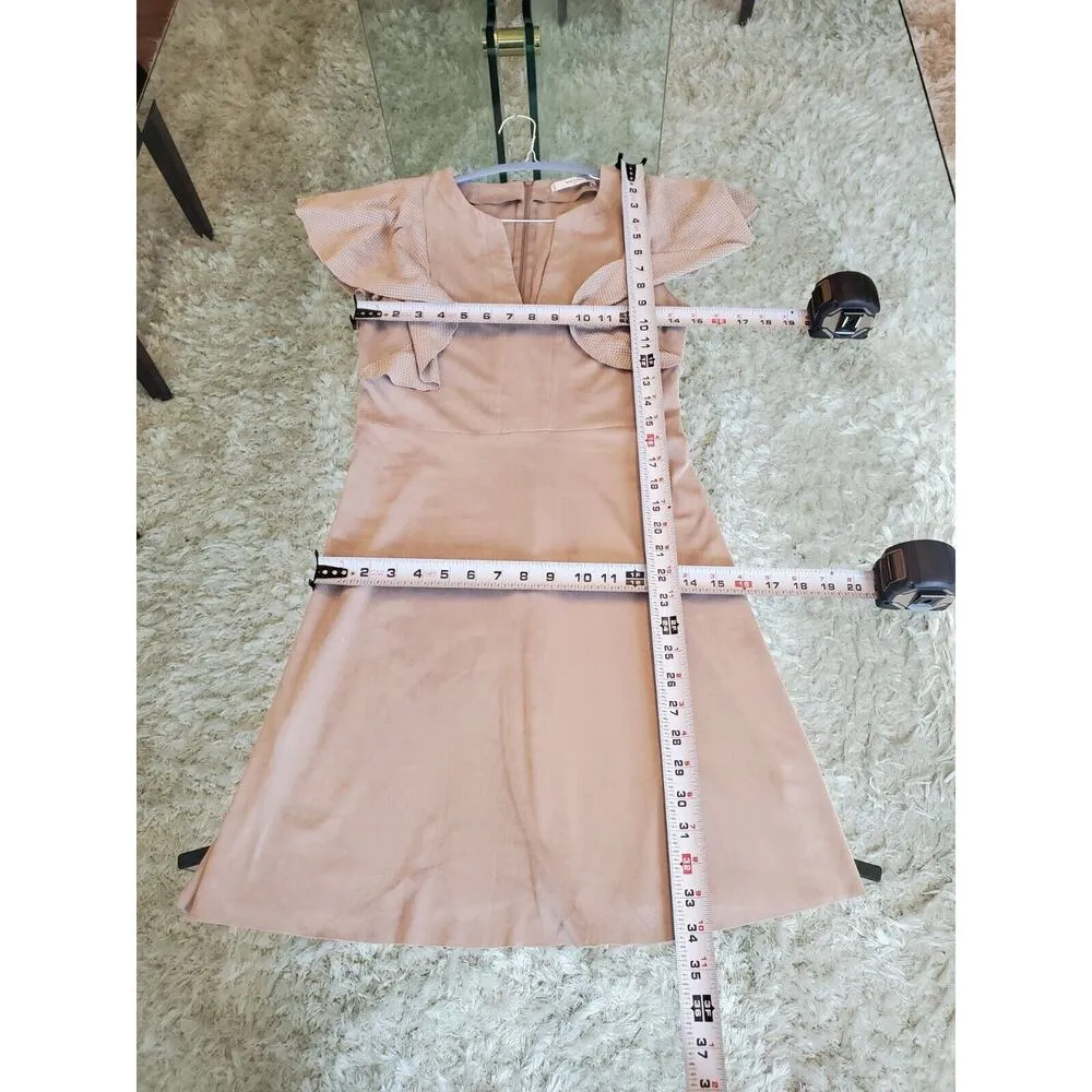 Mango Suit Beige Faux Suede V-Neck Short Flutter Sleeve Knee Length Dress XXS - Image 8