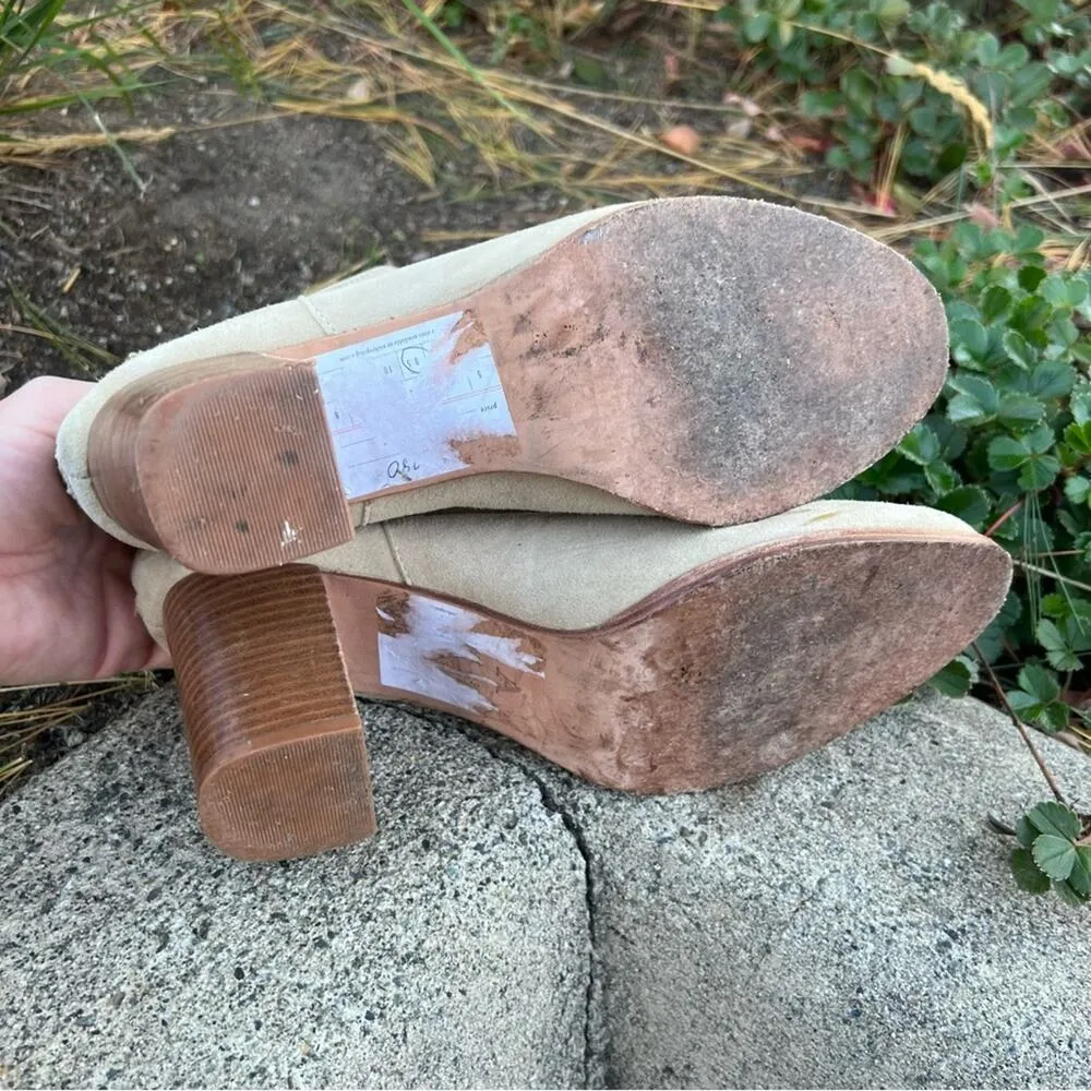 Anthropologie Beige Suede Wrapped Strap Stacked Heel Leather Booties 9.5 - Image 7