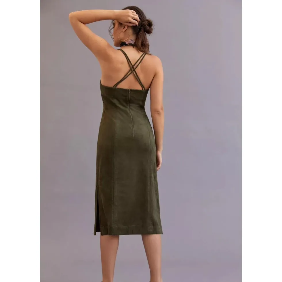 Anthropologie Sueded Slip Sleeveless Midi Dress Moss Green Size 14 - Image 2