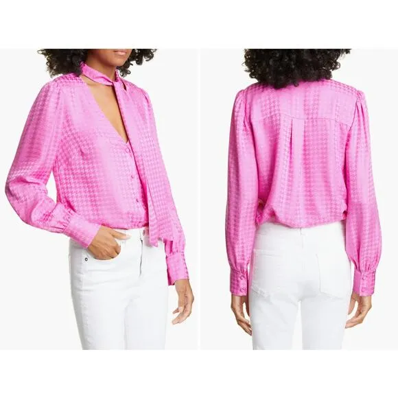 Veronica Beard Nicky Silk Pussybow Houndstooth Blouse Pink Size 6 - Image 2