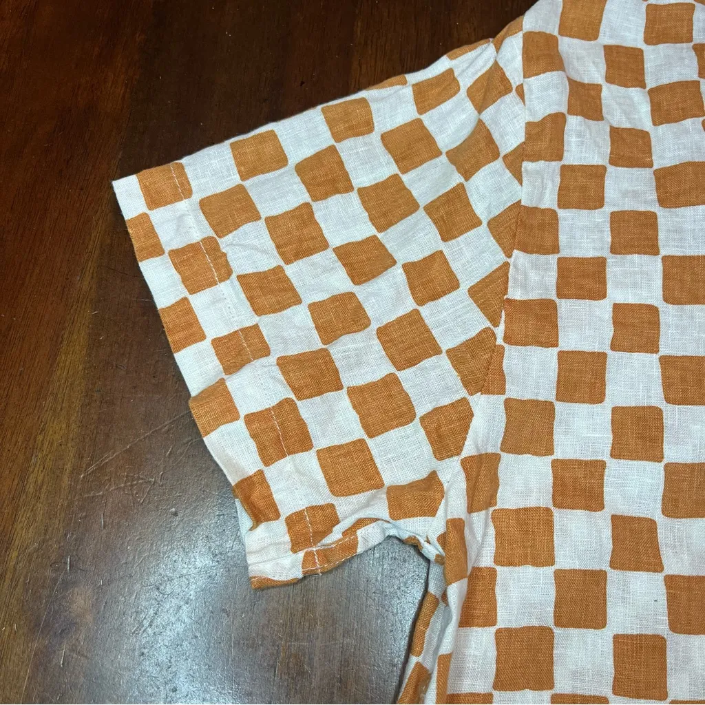 Holiday by Emma Mulholland 100% Linen White & Rust Check Short Sleeve Shirt Sz S Orange - Image 4
