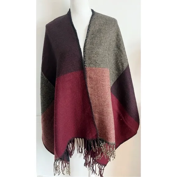Mudpie • Burgundy Plaid Blanket Shawl Poncho - Image 2