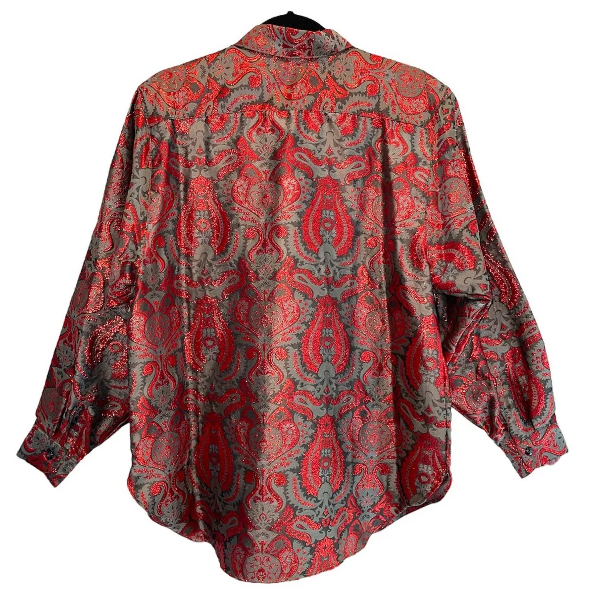 Benetton Vintage 80s Red Metallic on Grey Brocade Dress Shirt size 44 - Image 2