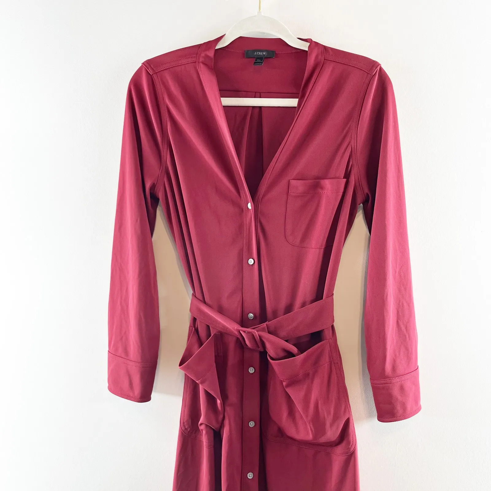 J. Crew Long Sleeve Belted Midi Shirt Dress Maroon Burgundy Red Medium Petite - Image 3