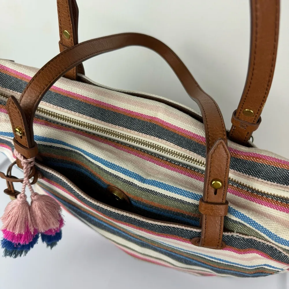 Fossil Rachel Tote Stripe Canvas Bag Boho Beach Tassels - Image 10