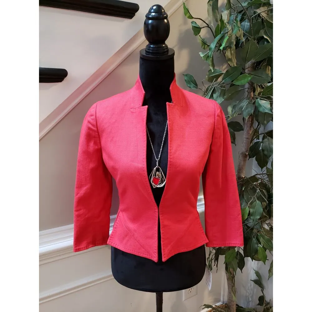 Etcetera Pink Cropped Jacket Size 0 Textured Cotton Blend Open Front Blazer - Image 2