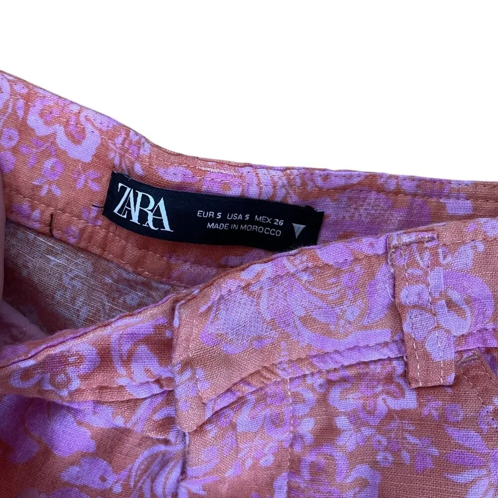 Zara Floral Pants S Pink & Orange Cotton Blend jean style pockets casual color - Image 3