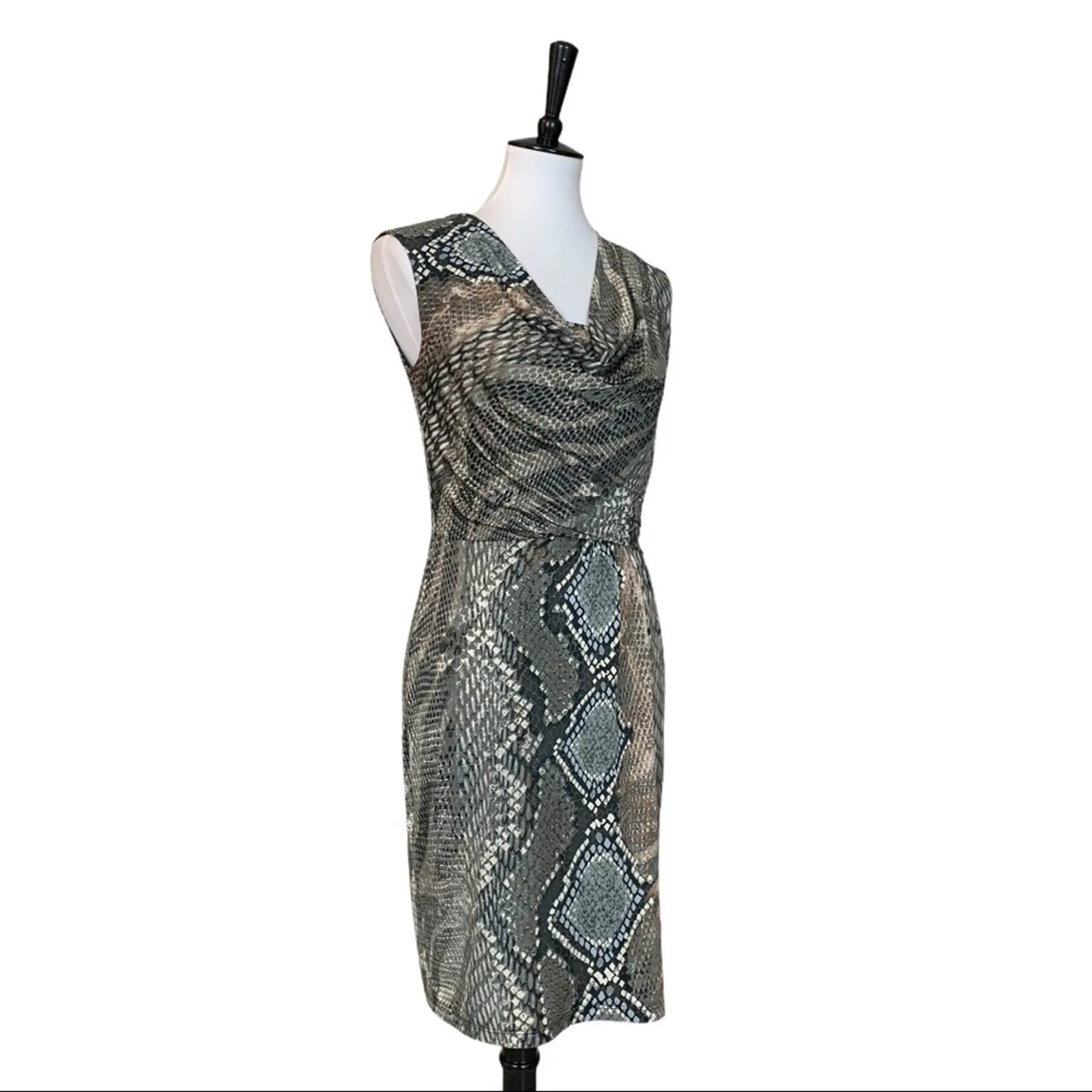 Dressbarn Sheath Dress Drape Cowl Neck Gray Tan Snake Print Women's Size 4 - Image 2