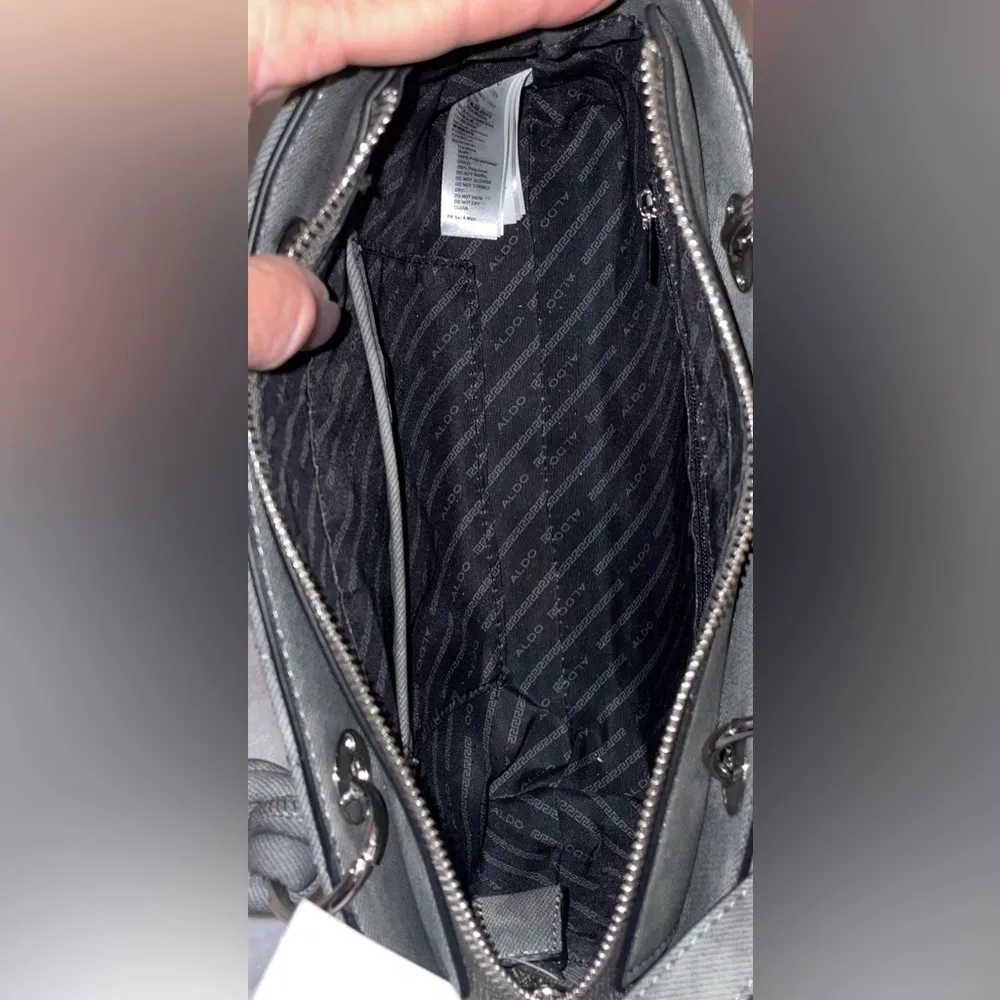 Aldo NWT Grey Quilted Washed Denim Satchel Crossbody Double Handles Faux Leather - Image 9