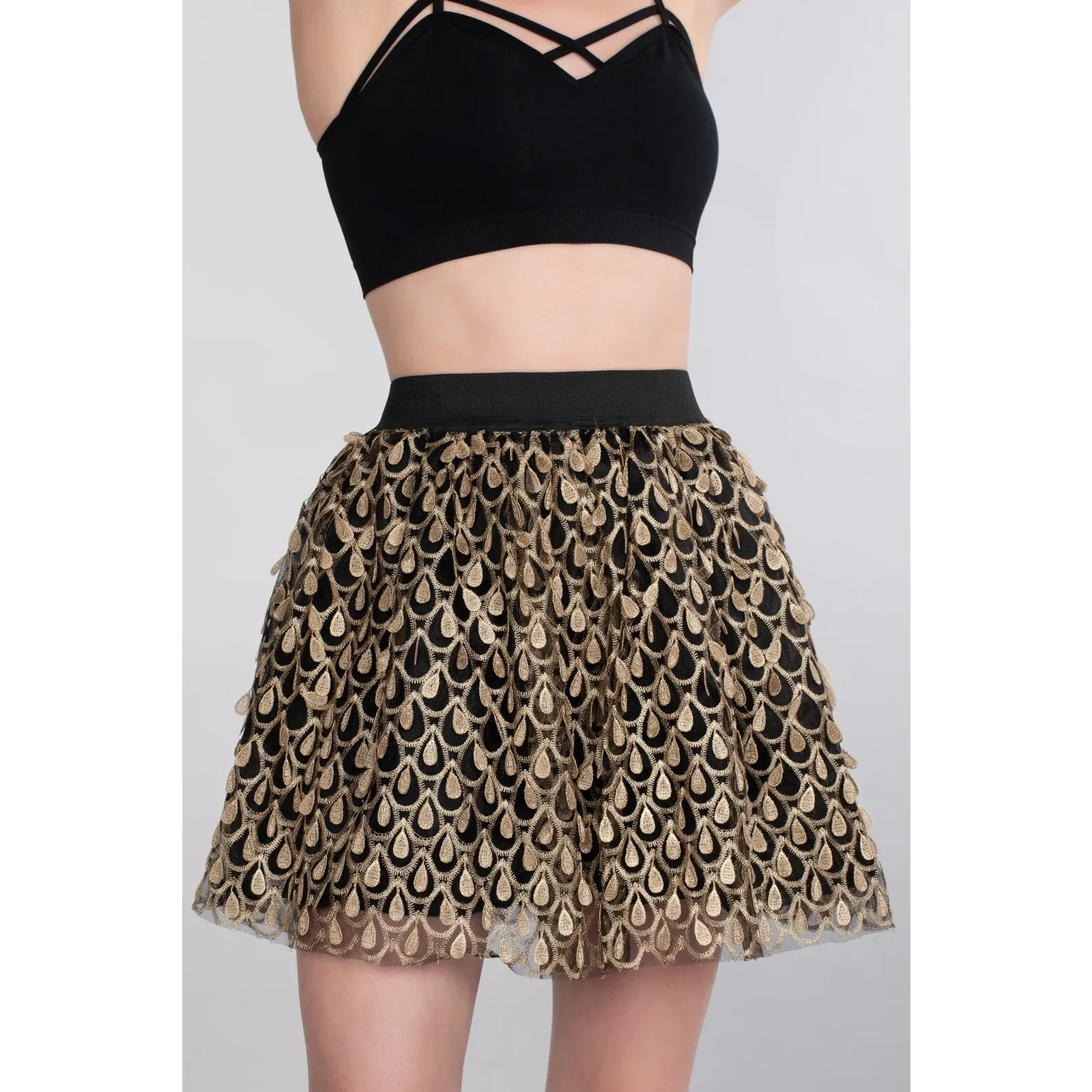 Sugarlips Womens Skirt Size‎ Large Gold Black Peacock High Waisted NEW - Image 4