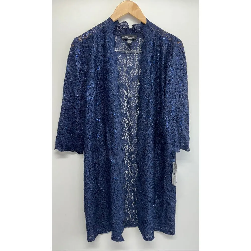 R&M Richards Open Cardigan Size 12 Petite Sequined‎ Lace Scalloped NEW Blue - Image 2