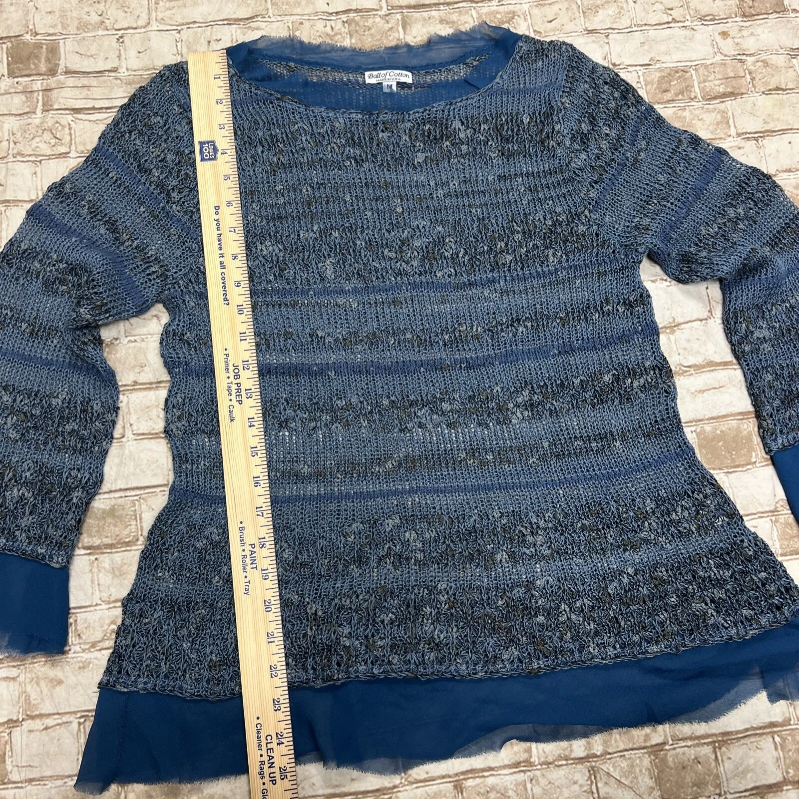 Ball of Cotton Sweater Size M Blue Crochet Knit Sheer Panels Top Lagenlook Linen Size M - Image 6