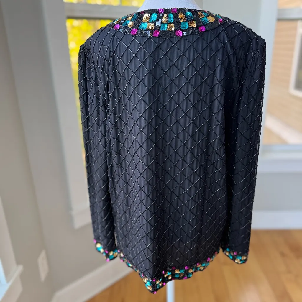 Vintage Royal Feelings Black Silk Beaded Sequin Jacket Jewel Tones Size Medium - Image 5