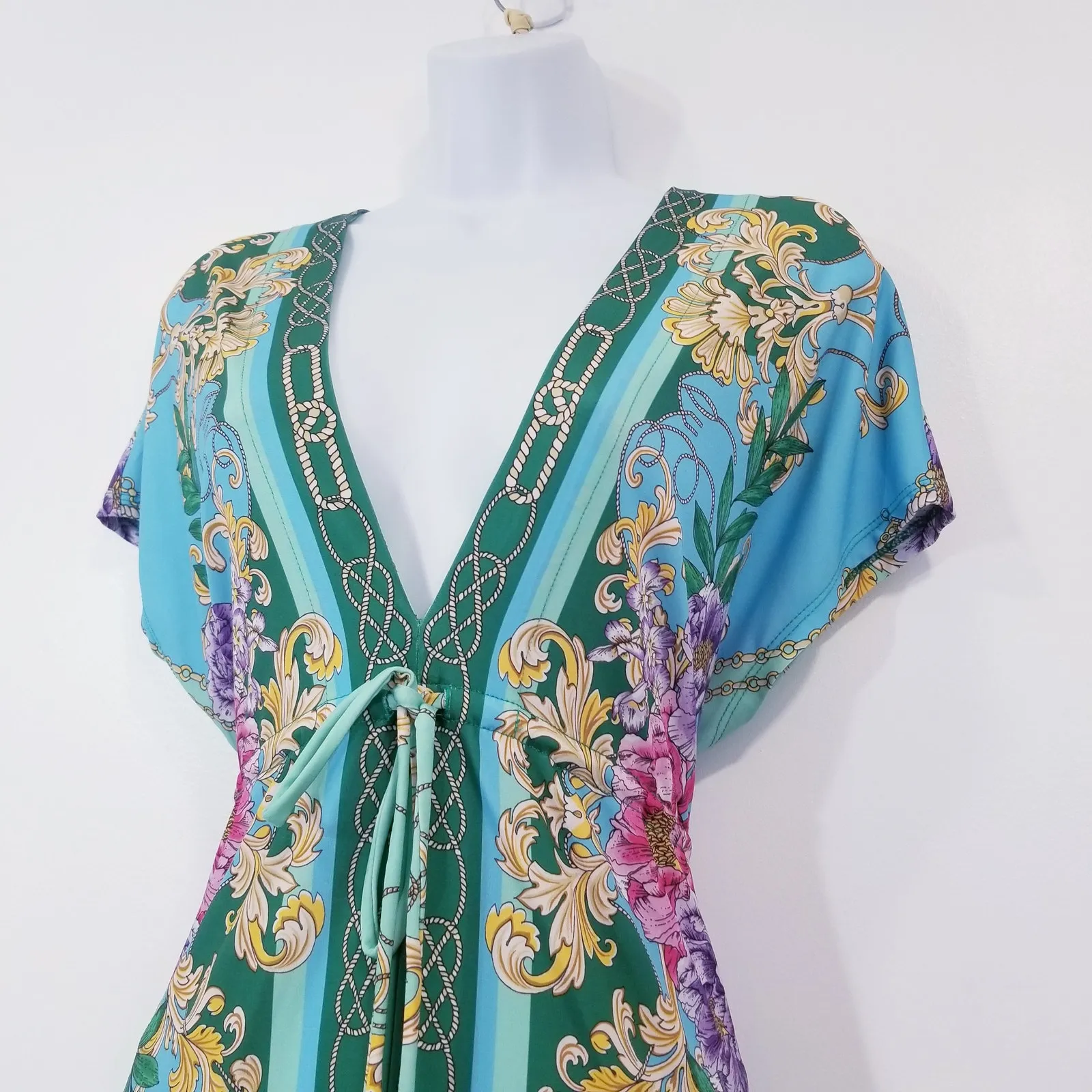 Boston Proper Colorful Floral Prints Maxi Dress Plunging Neckline Empire Waist - Image 4