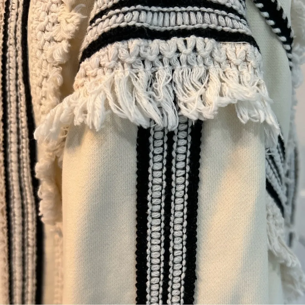 eri + ali Anthropologie cotton terry lined striped top with fringe accents, M Black Size M - Image 4