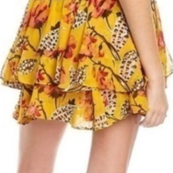 A.L.C. 100% Silk Yellow Skater Mini Skirt with Ruffled Tiers Size 4 - Image 9