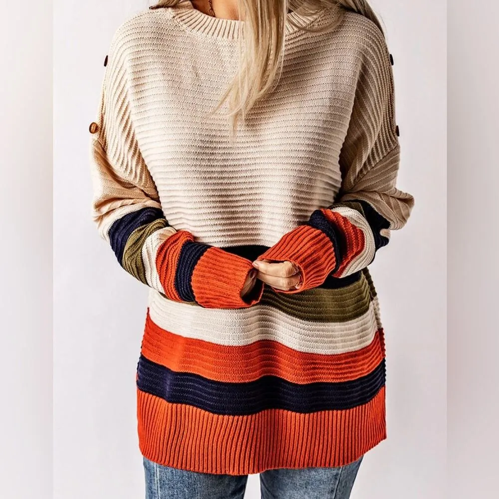 eesome women's size med/large drop shoulder striped pullover cream sweater Green - Image 2