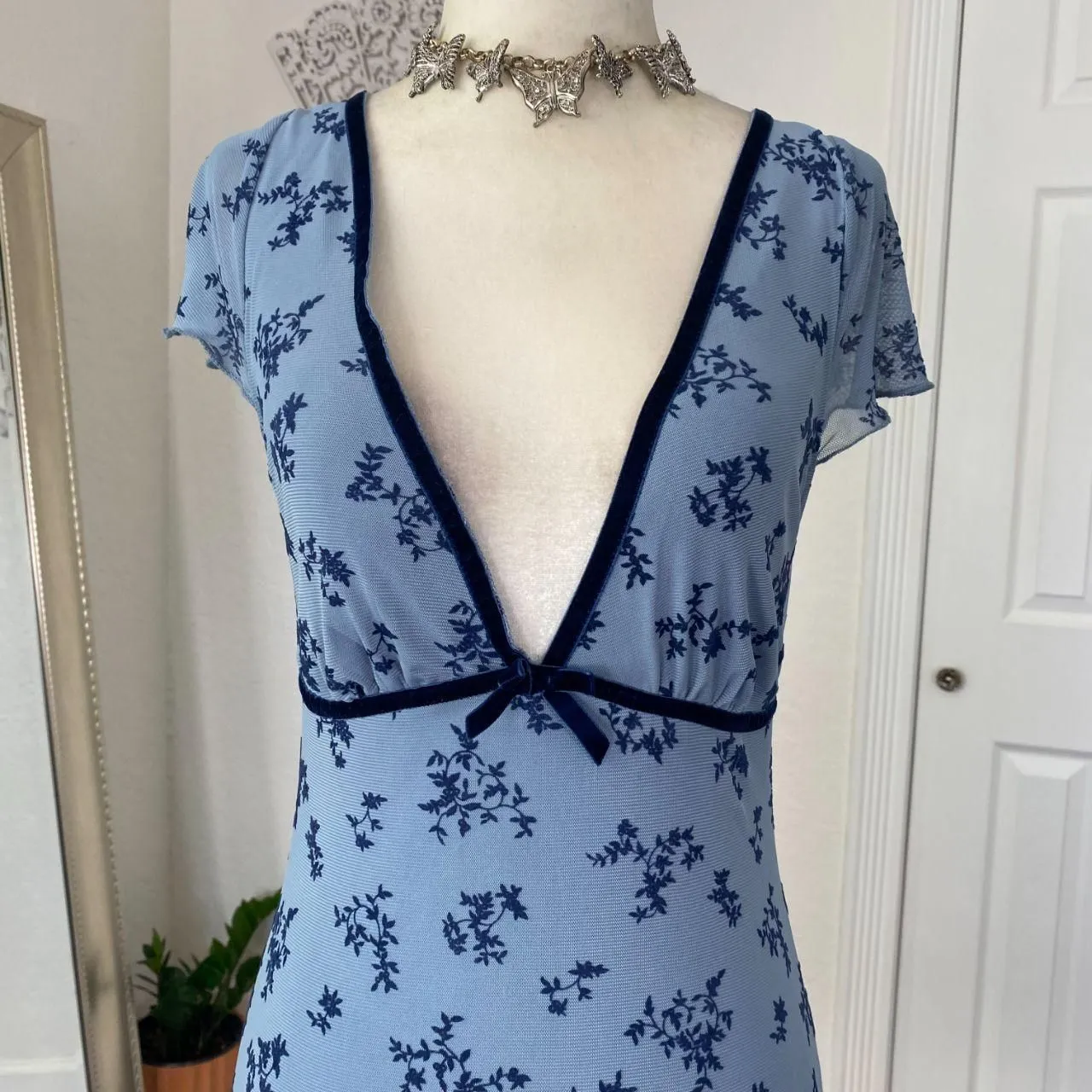 Motel Light Dark Blue Whimsygoth Crushed Velvet Floral Mini Mesh Dress S - Image 3