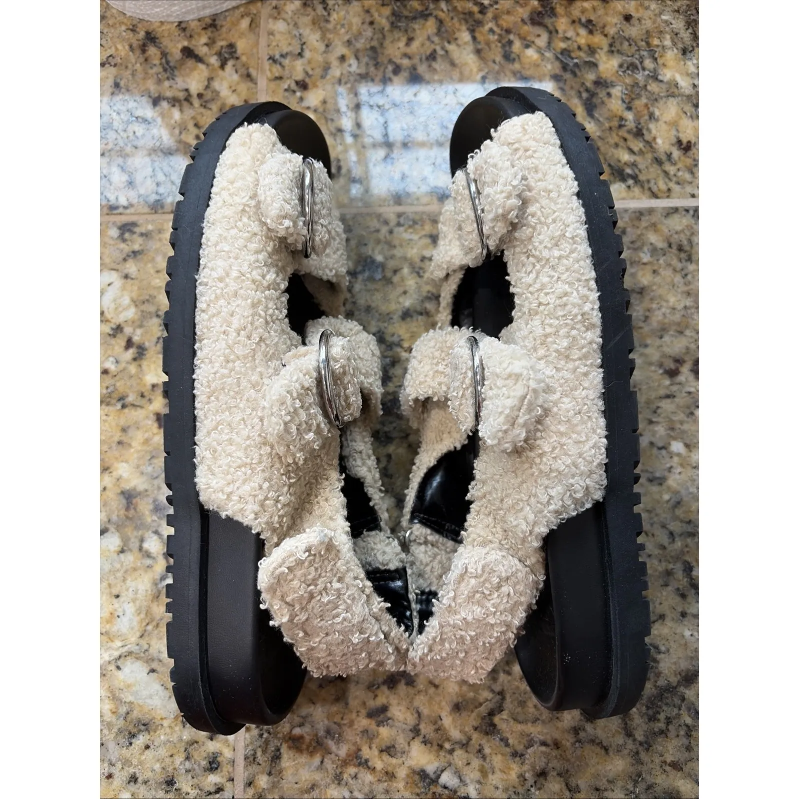 ZARA Beige Sherpa Faux Fur Lined Strap Buckle Sandals Shoes Unisex Womens 39 / 9 - Image 9
