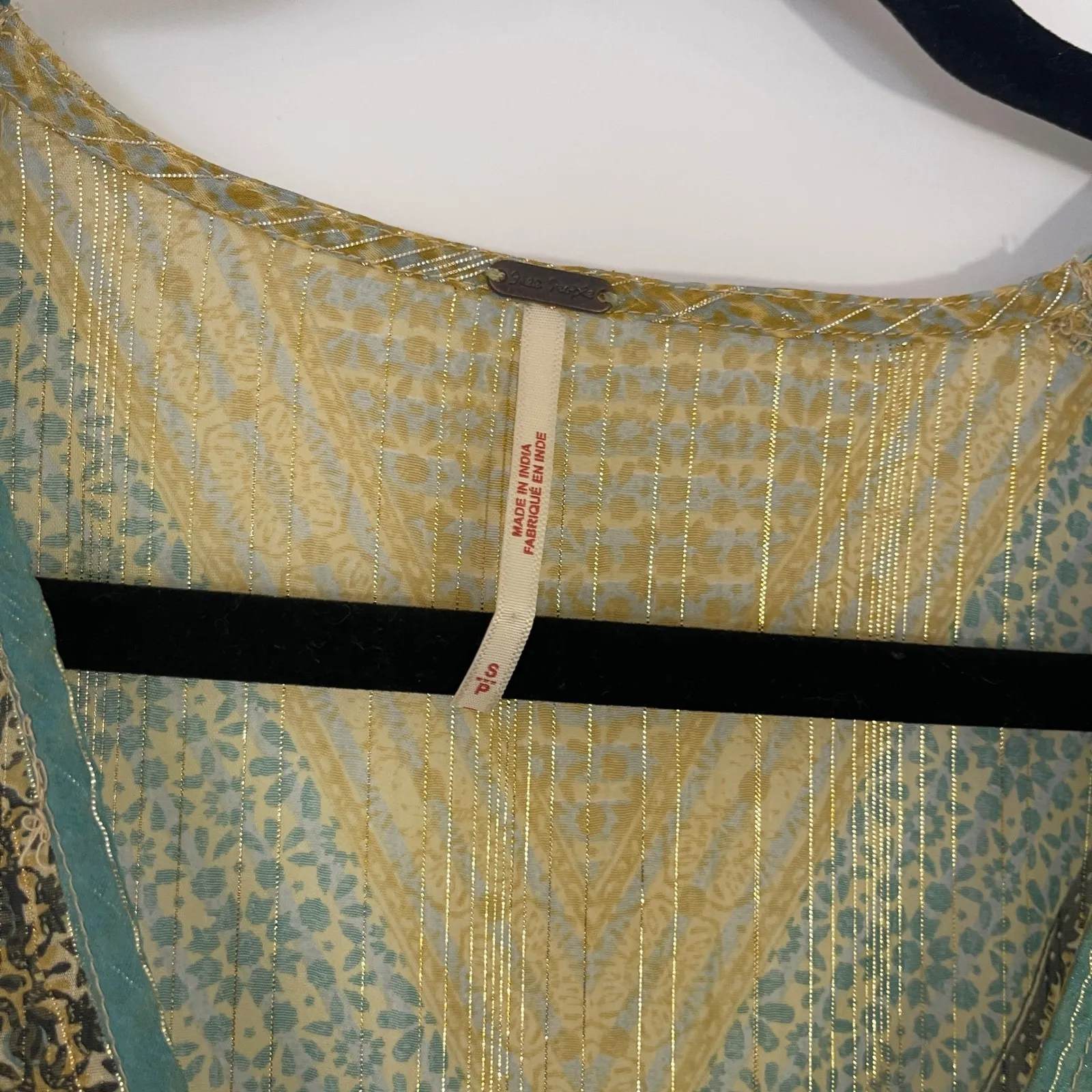 Free People Aliyah Boho Metallic Print Tunic Blouse Yellow Teal Gold Size Small - Image 4