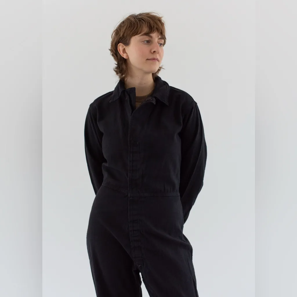 Vintage Overdye Hook & Loop Washed Black Coverall Utilitarian Jumpsuit sz Med - Image 4