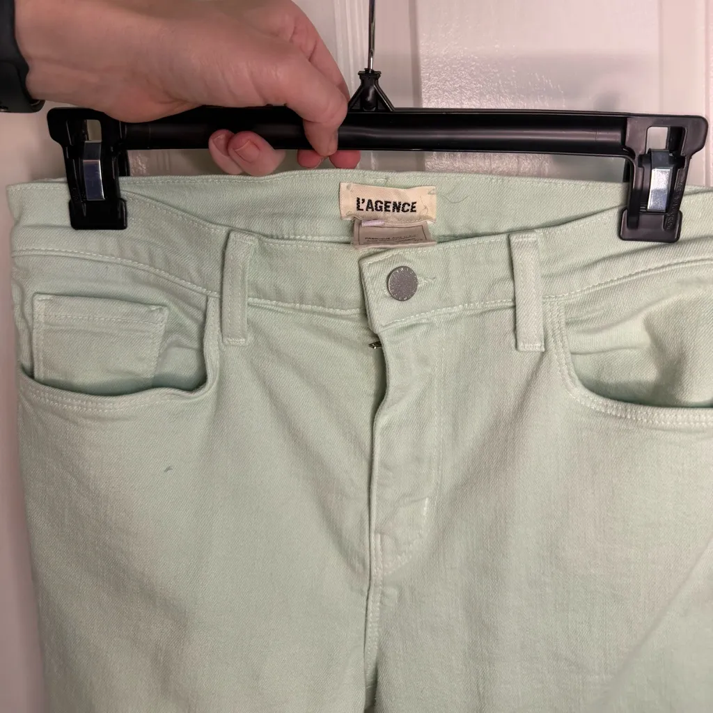 L'AGENCE Light Green Mint Denim Jeans Pants Straight Leg Raw Hem High Rise 28 - Image 6