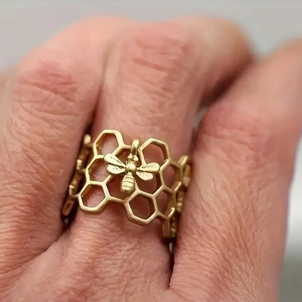 Boutique Adjustable Gold Honeycomb Bee Ring - Image 3