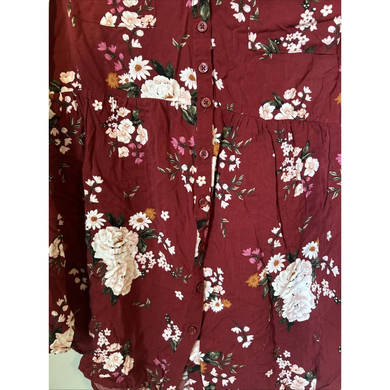Torrid Floral Blouse‎ Long Sleeve Burgundy Button Up Size 0 (US 12) Lightweight - Image 3