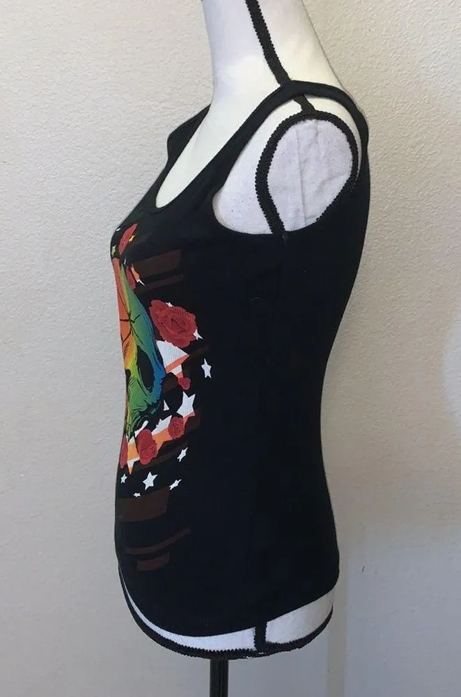 Born & Bred black biker colorful skull floral ribbed Tank top Green Size M - Image 3