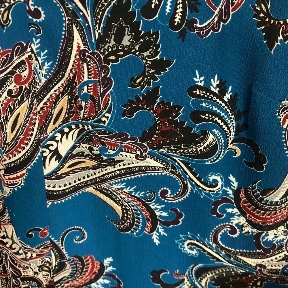 White House Black Market Blue Paisley Mock Neck Bell Sleeves WHBM Medium M - Image 3