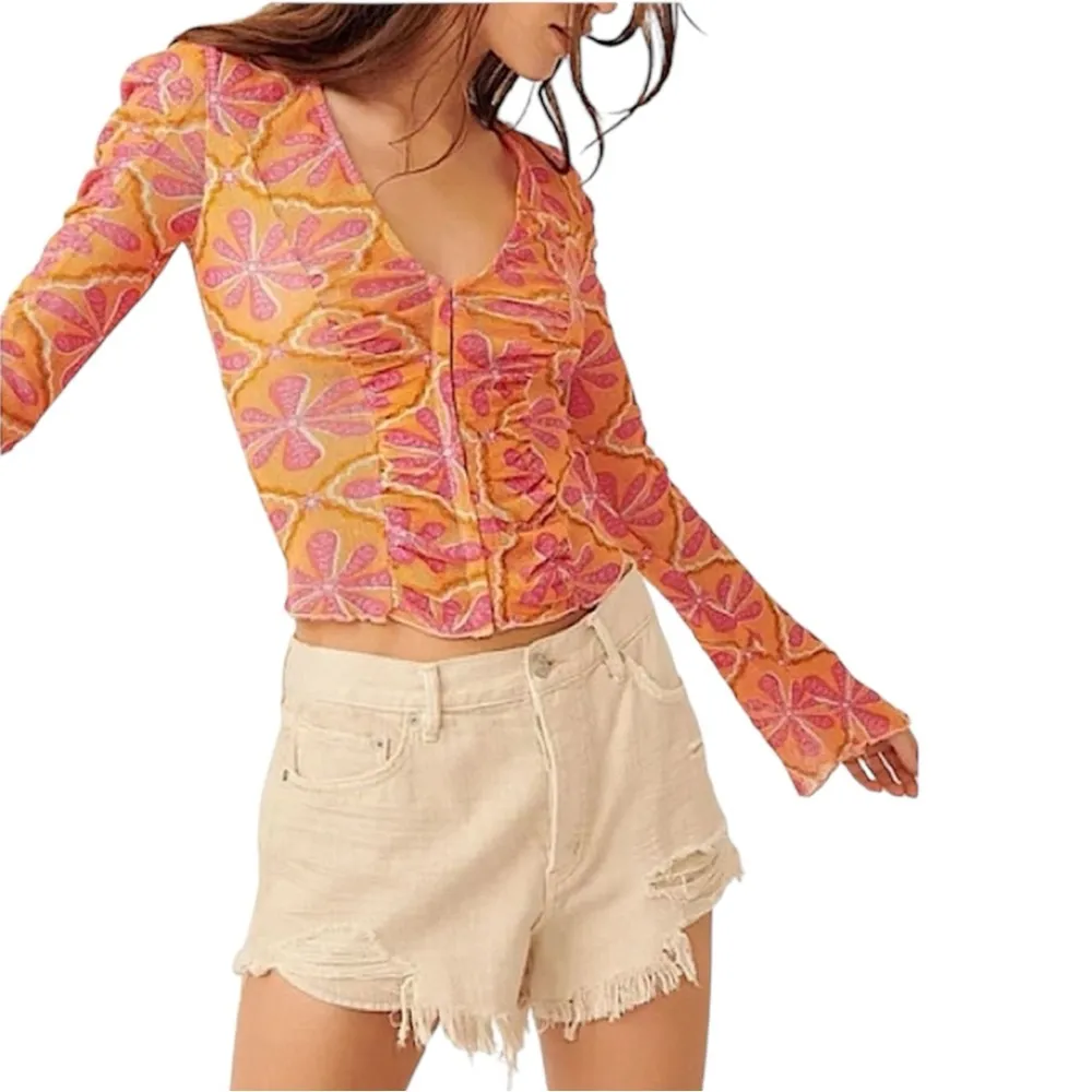 Free People Through The Meadow Ruched Mesh Orange & Pink Floral Long Sleeve Top - Image 2