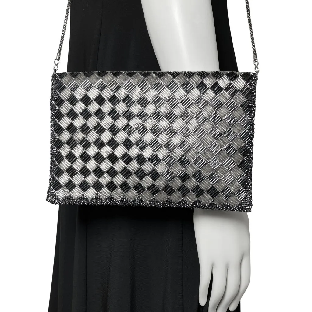 Vintage Gunmetal Beaded La Regal Evening Bag Clutch Shoulder Chain Silver Deco - Image 4