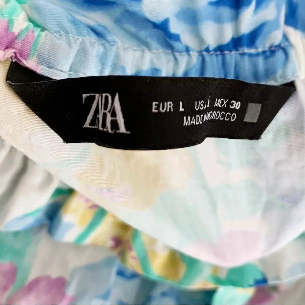 Zara Off Shoulder Puff Sleeve Cropped Top Pastel Floral Cotton Poplin Sz Large - Image 3