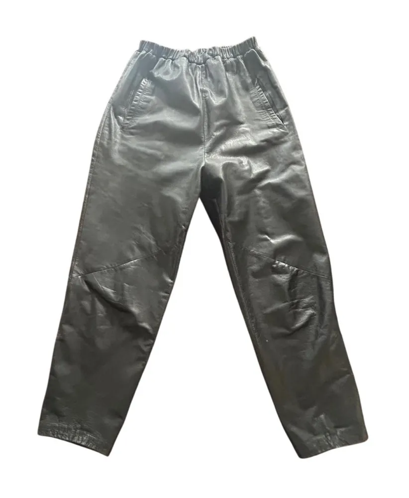 Vintage Women's Black Leather Pants Elastic Waist Pockets Casual Trousers 80s - Image 1