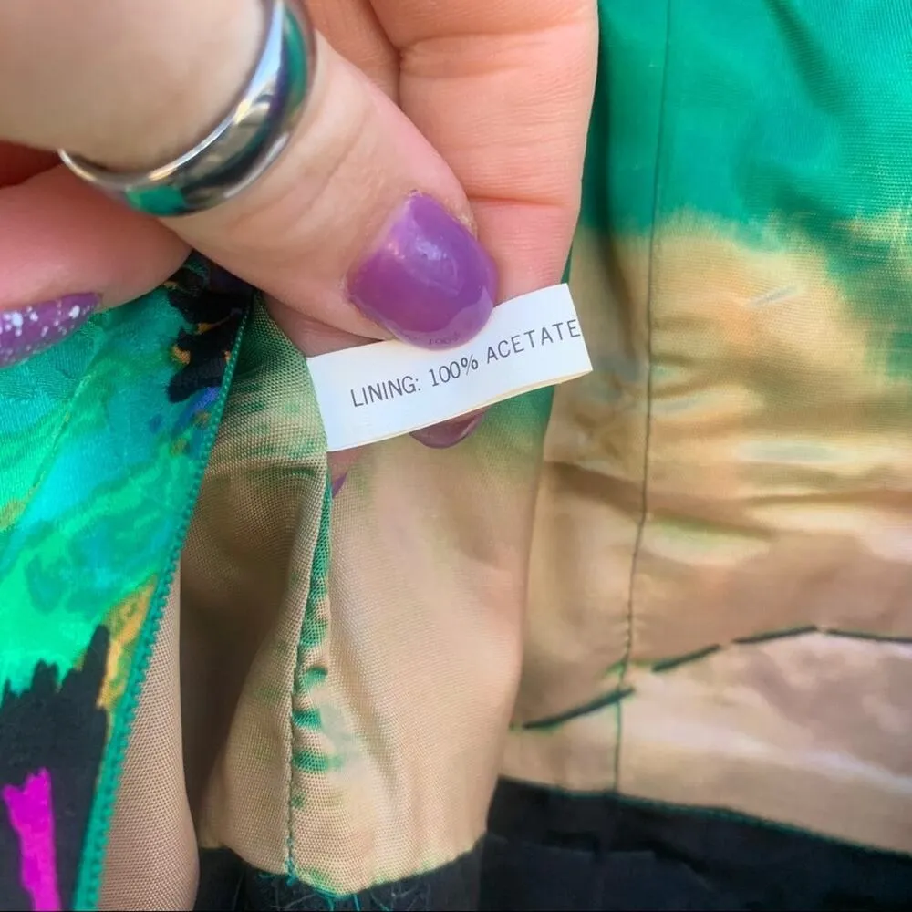 Vintage 90s Adrianna Papell 100% silk dress neon green floral Size 8 - Image 9