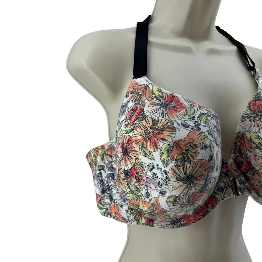 Cacique Lane Bryant White Orange Floral T-shirt Bra Black Lace Back  42D - Image 3