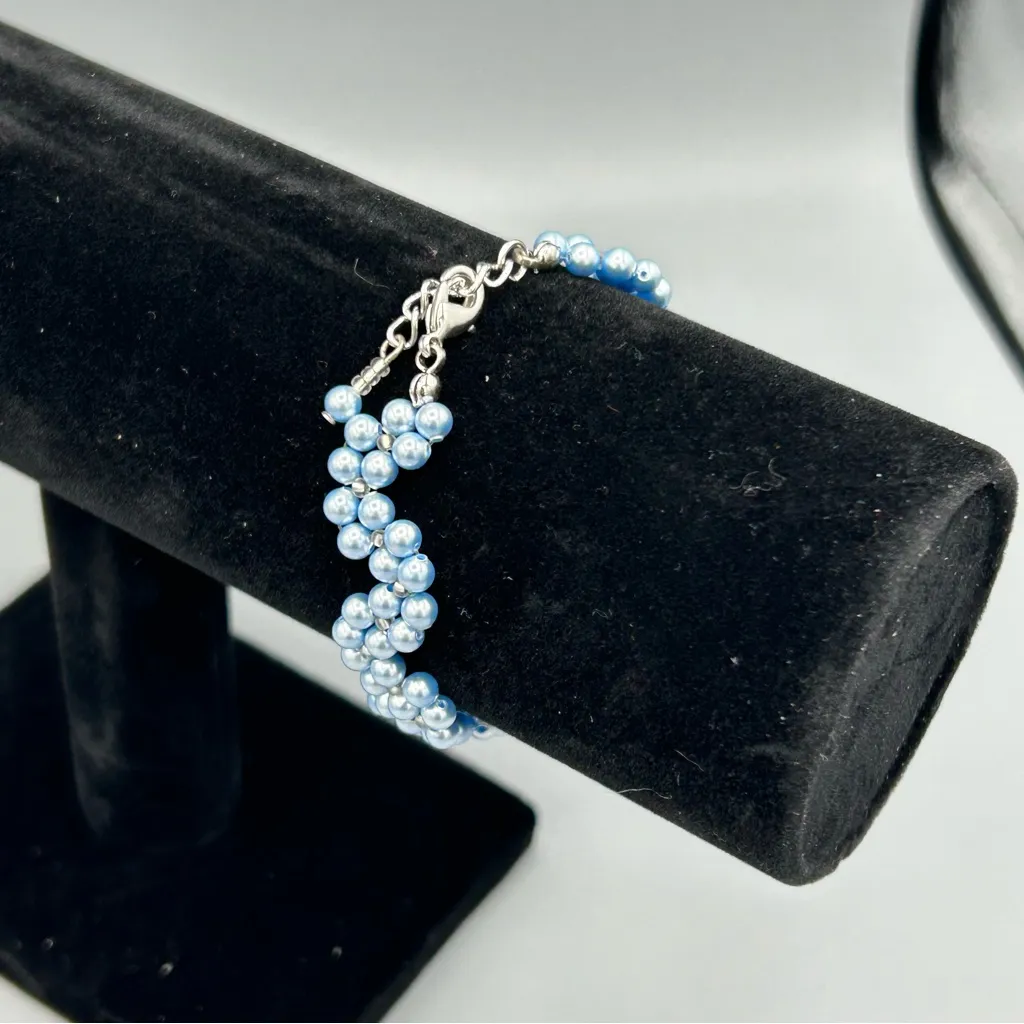 Light Blue Faux Pearl Beaded Bracelet | Lobster Clasp Adjustable - Image 4