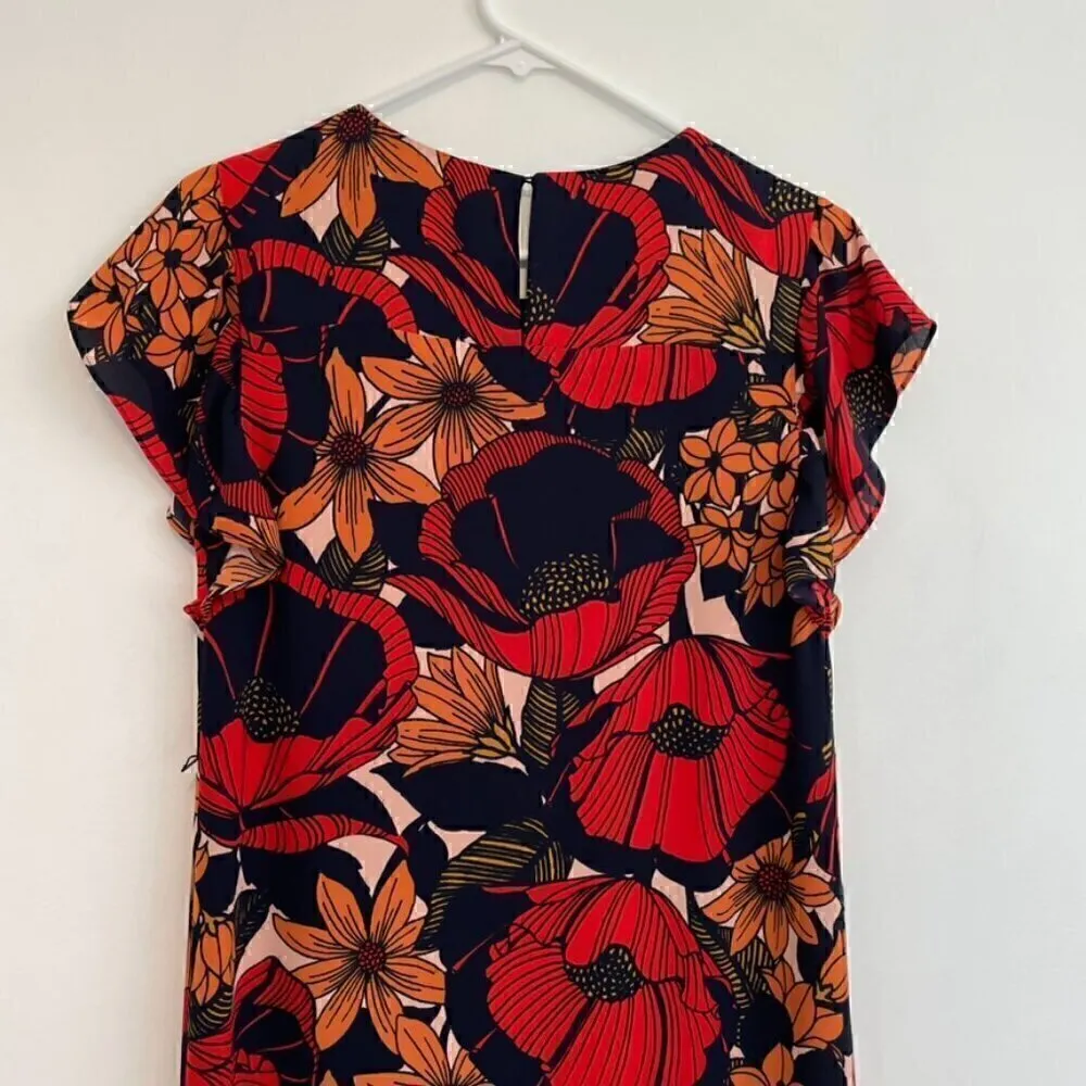ANN TAYLOR LOFT Autumn Blossom Flutter Dress Red Navy Blue Floral Midi NO BELT - Image 11