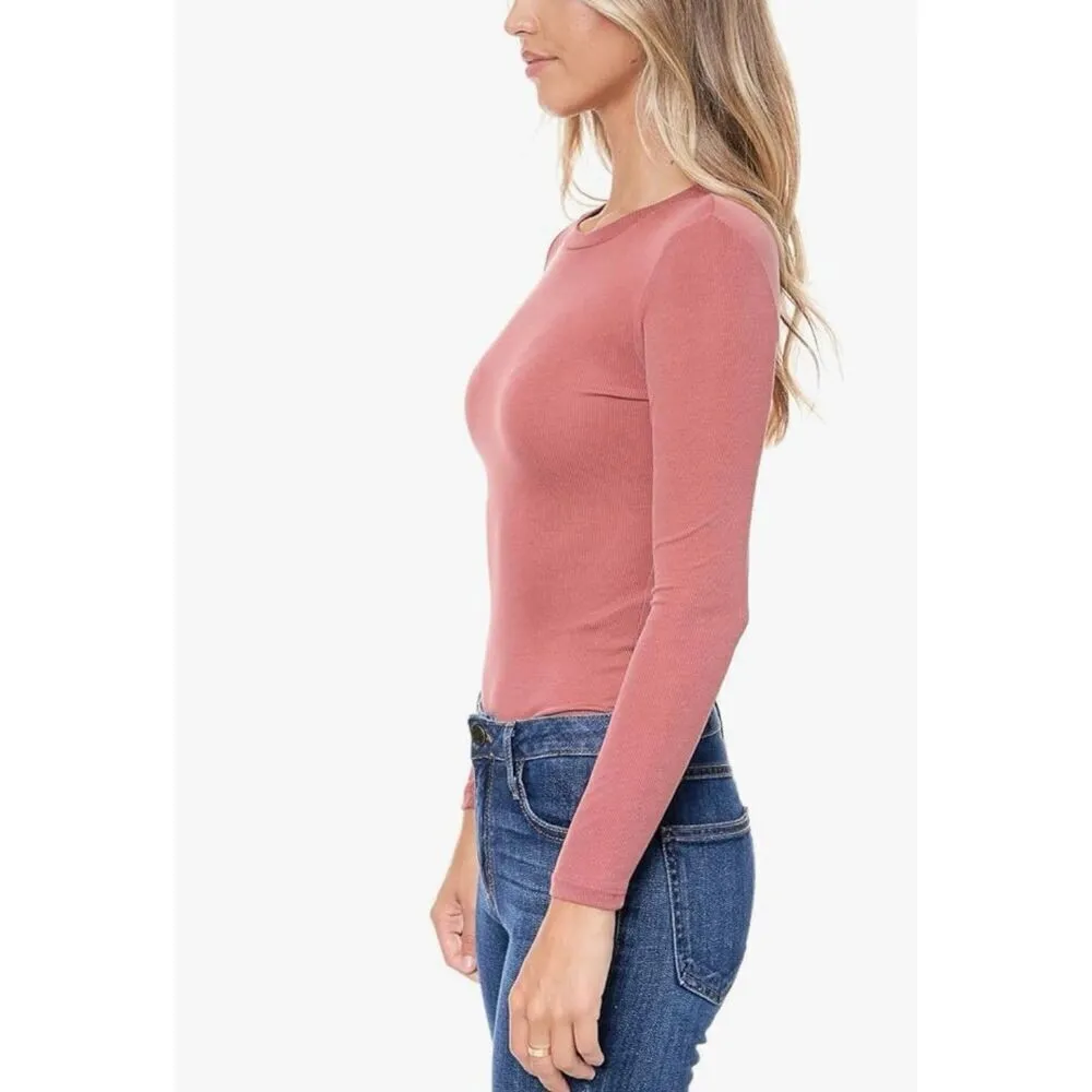 ✨ELODIE Women's Long Sleeve Sz Medium Mauve Bodysuit Ribbed T Shirts Jumpsuit✨ - Image 2