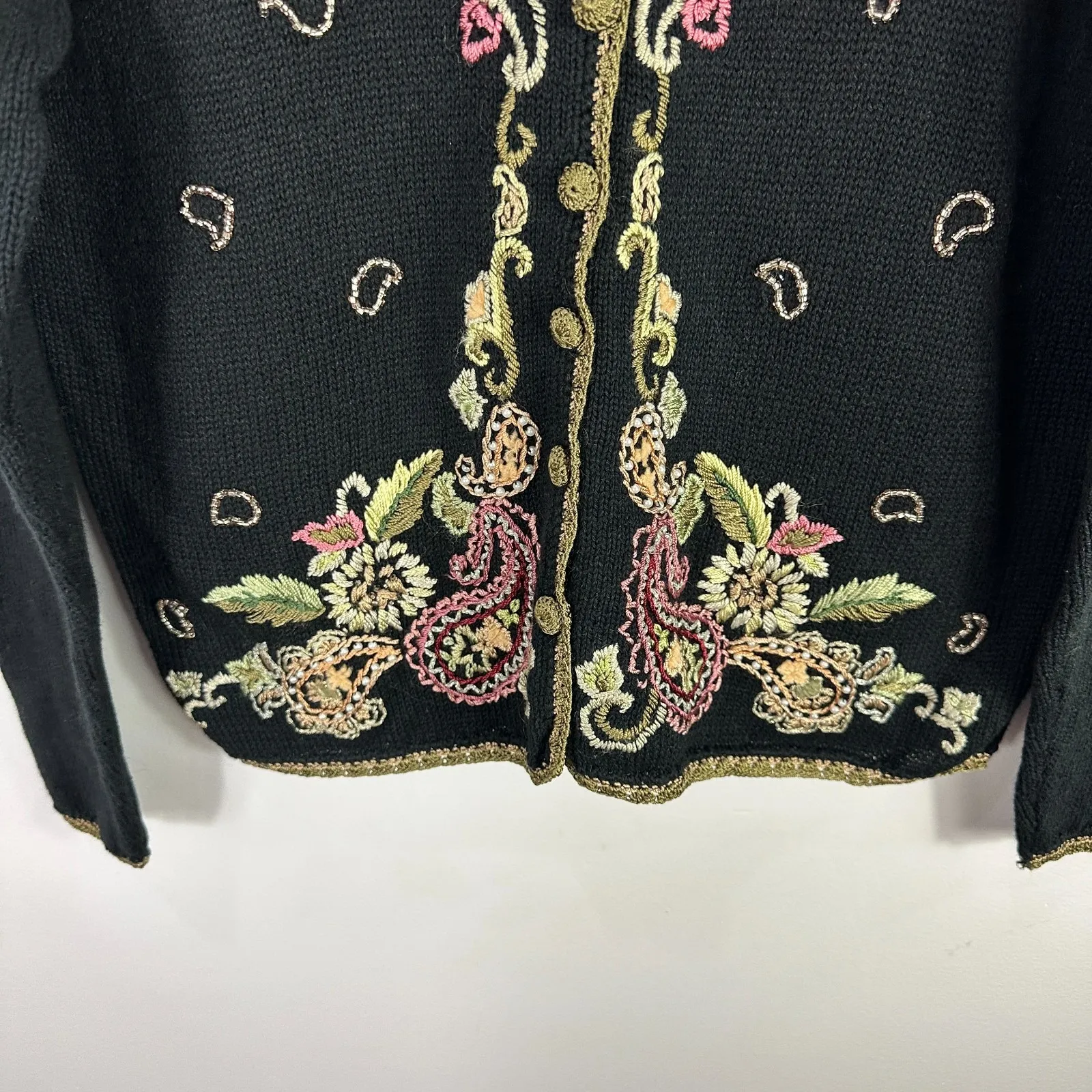 Heirloom Collectibles Floral Embroidered Cardigan Sweater Small Black Whimsical - Image 7
