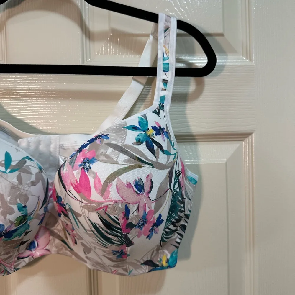 Cacique Lightly Lined Balconette Bra 44DD Underwire White Pink Floral Tropical - Image 2