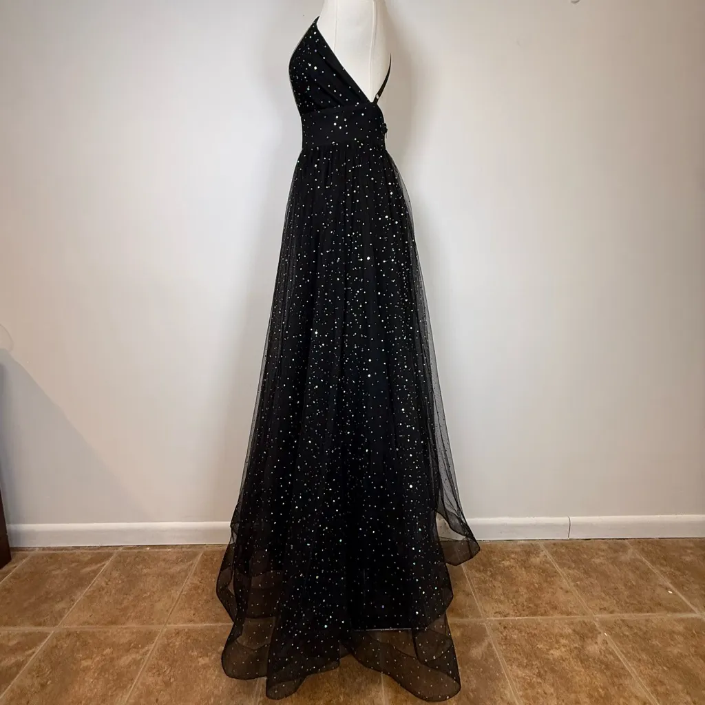 Windsor ‘Vanessa’ V-Neck Iridescent Sequin Black Tulle Flowy Gown Women’s Small - Image 6
