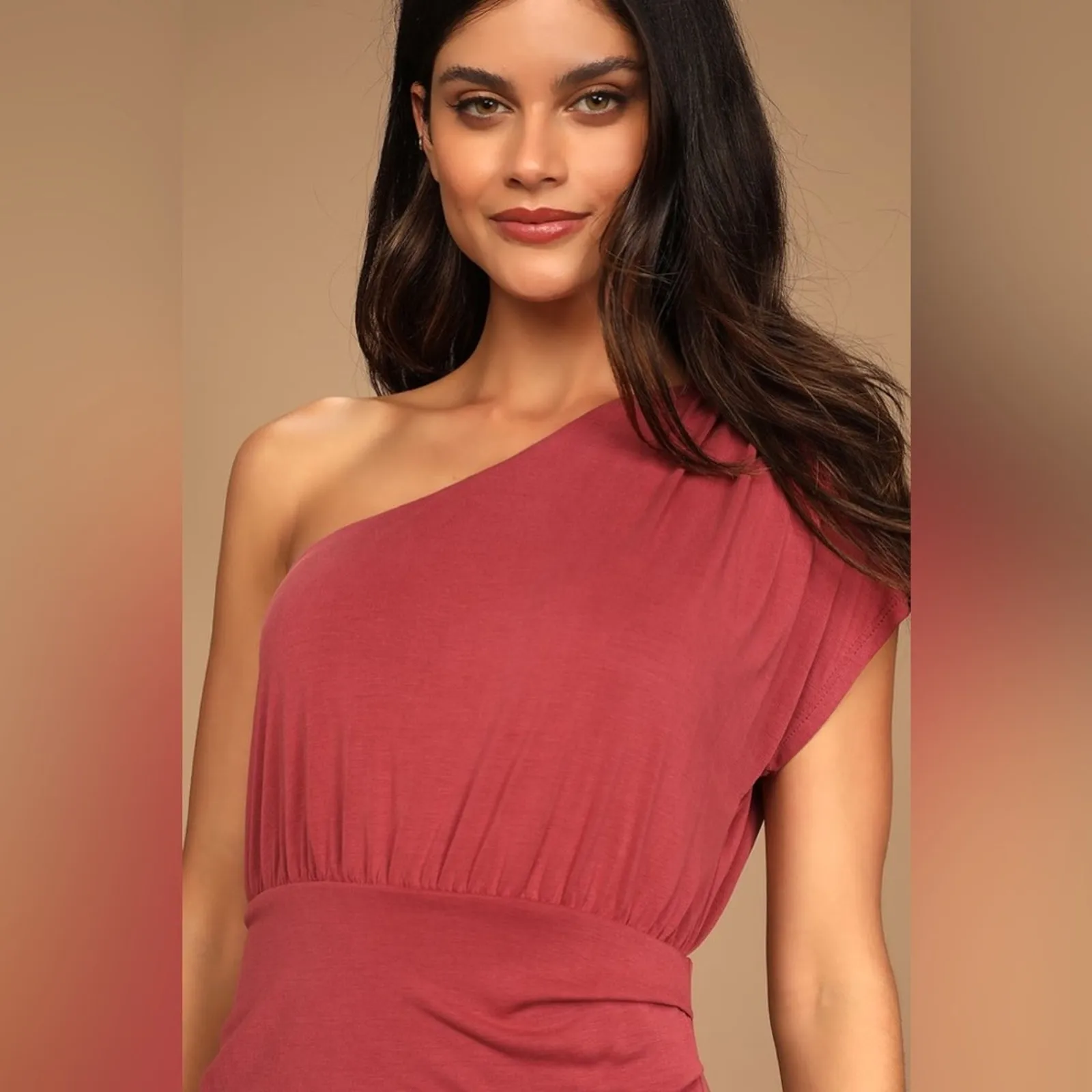 Lulus Raise a Glass Washed Red One-Shoulder Midi Dress Size: Medium - Image 3